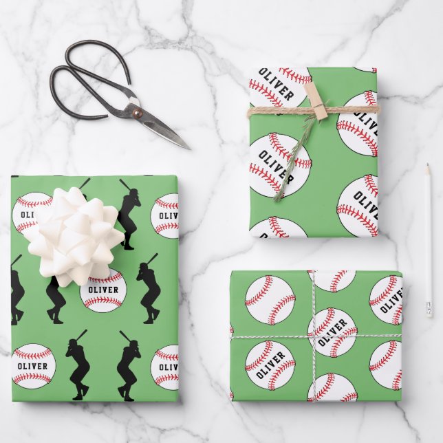 Baseball Ball Player Kids Name Birthday Wrapping Paper Sheets (Front)