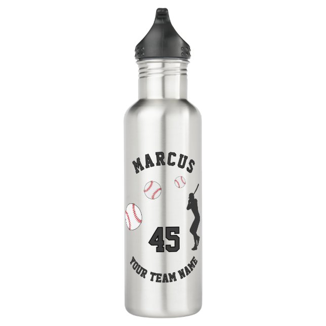 Baseball Ball Player Silhouette Name Team Number Stainless Steel Water Bottle (Right)