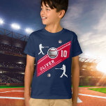 Baseball Ball Player Themed Birthday Party T-Shirt<br><div class="desc">Modern Baseball Ball Player Themed Birthday Guest of honor T-shirt. Celebrate in style with this sleek baseball-themed birthday t-shirt design! Featuring a navy blue, red and white color scheme, bold lettering, and realistic baseball graphics, this sporty design is perfect for any baseball fan. The t-shirt showcases dynamic player silhouettes, a...</div>