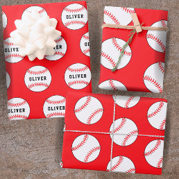 Baseball Ball Red Pattern Kids Name Birthday  Wrapping Paper Sheets