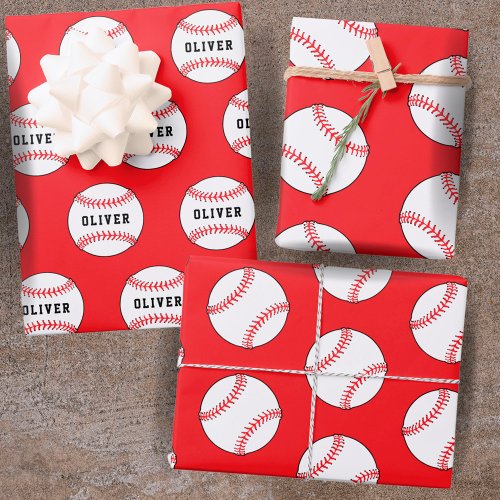 Baseball Ball Red Pattern Kids Name Birthday  Wrapping Paper Sheets