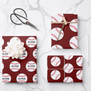 Baseball Ball Red Pattern Kids Name Birthday Wrapping Paper Sheets