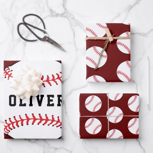 Baseball Ball Red Pattern Kids Name Birthday Wrapping Paper Sheets