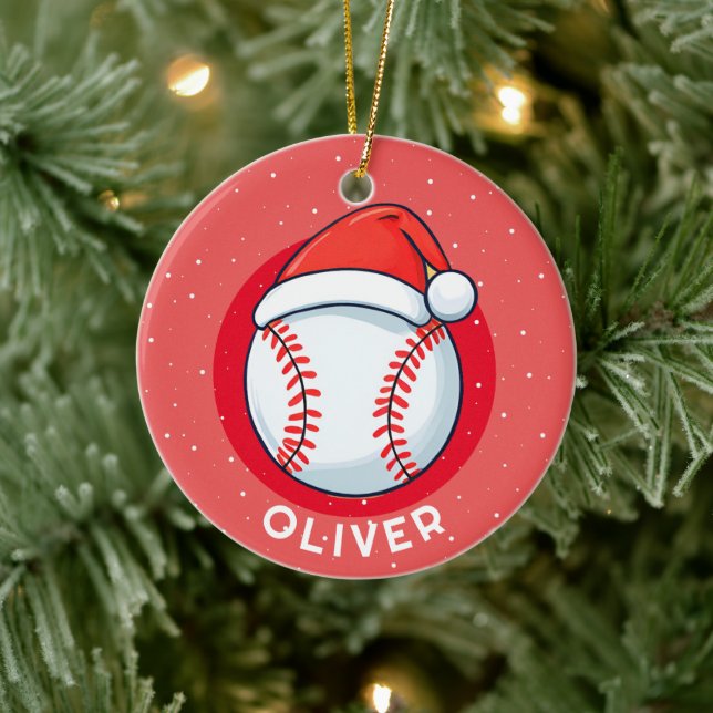 Baseball Ball Red Santa Hat Christmas Kid`s Name Ceramic Ornament (Tree)