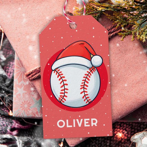 Baseball Ball Red Santa Hat Christmas Kids Name  Gift Tags