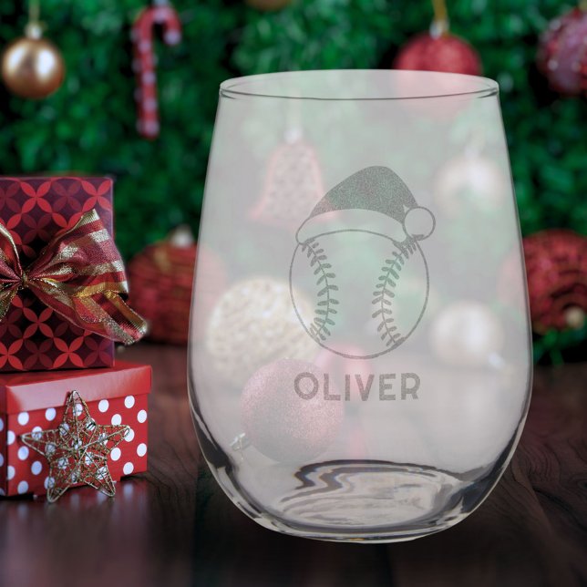 Baseball Ball Red Santa Hat Christmas Name Stemless Wine Glass (Creator Uploaded)