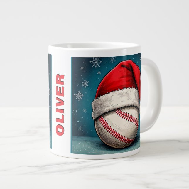 Baseball Ball Red Santa Hat Name Christmas  Giant Coffee Mug (Front Right)
