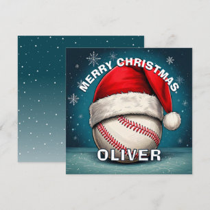 Baseball Ball Red Santa Hat Name Christmas Holiday Card