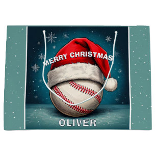 Baseball Ball Red Santa Hat Name Christmas Large Gift Bag