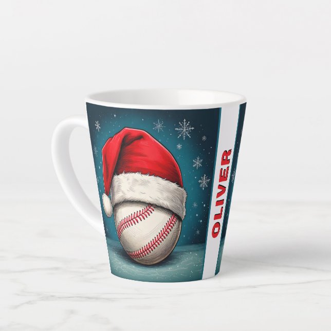 Baseball Ball Red Santa Hat Name Christmas  Latte Mug (Left Angle)