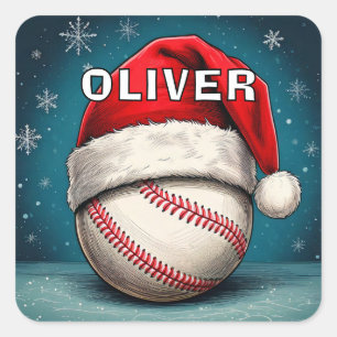 Baseball Ball Red Santa Hat Name Christmas Square Sticker