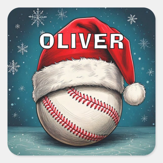 Baseball Ball Red Santa Hat Name Christmas  Square Sticker (Front)
