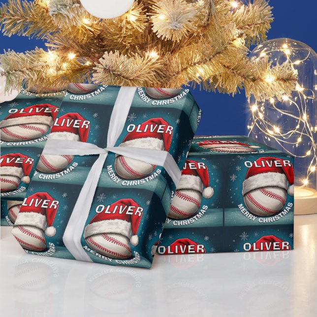 Baseball Ball Red Santa Hat Name Christmas  Wrapping Paper (Holidays)