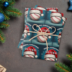 Baseball Ball Red Santa Hat Name Christmas  Wrapping Paper Sheets