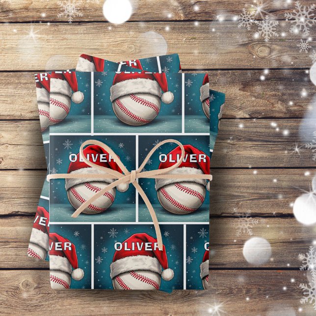 Baseball Ball Red Santa Hat Name Christmas Wrapping Paper Sheets (Creator Uploaded)