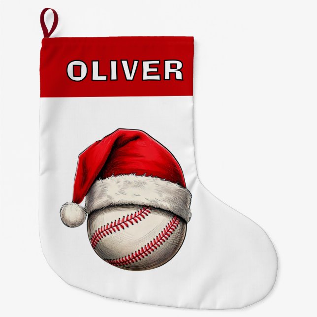 Baseball Ball Red Santa Hat Name Large Christmas Stocking (Front)