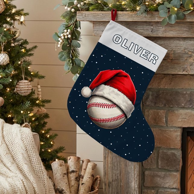 Baseball Ball Red Santa Hat Name Large Christmas Stocking (Creator Uploaded)