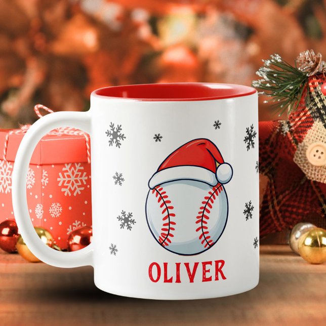Baseball Ball Red Santa Hat Snowflake Name  Two-Tone Coffee Mug (Creator Uploaded)