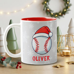 Baseball Ball Red Santa Hat Snowflake Name  Two-Tone Coffee Mug