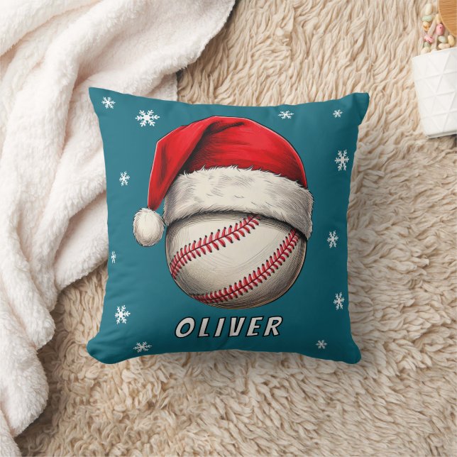 Baseball Ball Red Santa Hat Snowflakes Name Throw Pillow (Blanket)