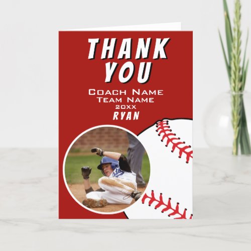 Baseball Ball Red Thank you Coach Photo - Baseball Ball Red Thank you Coach Photo Card. Baseball thank you coach card with a photo in oval frame, coach name, team name, year and player`s name. Personalized photo thank you card - add your photo into the template. Great thank you card for the baseball team coach!