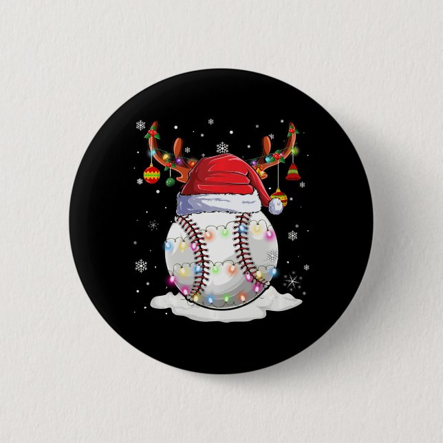 Baseball Ball Santa Hat Reindeer Christmas Lights  Button (Front)