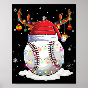 Baseball Ball Santa Hat Reindeer Christmas Lights Poster