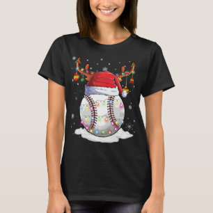 Baseball Ball Santa Hat Reindeer Christmas Lights T-Shirt