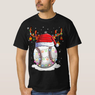 Baseball Ball Santa Hat Reindeer Christmas Lights T-Shirt