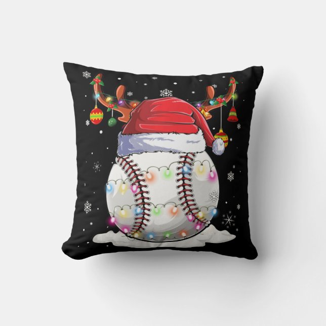 Baseball Ball Santa Hat Reindeer Christmas Lights  Throw Pillow (Front)