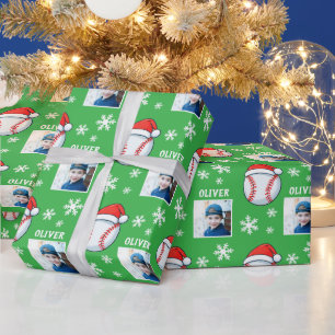 Baseball Ball Santa Hat Snowflake Name Photo Wrapping Paper