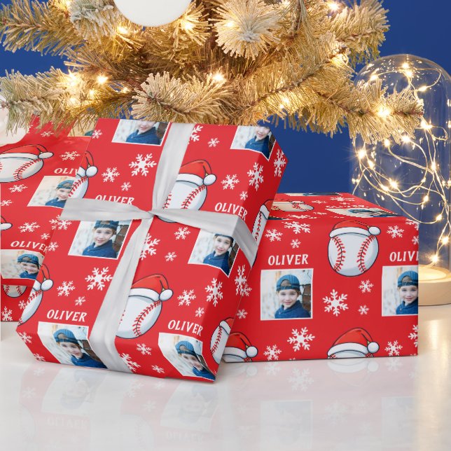 Baseball Ball Santa Hat Snowflake Name Photo Wrapping Paper (Holidays)