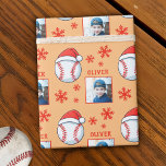Baseball Ball Santa Hat Snowflake Name Photo Wrapping Paper