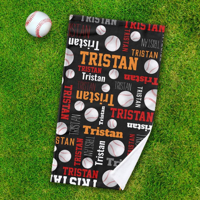 Baseball ball sport black orange white custom name hand towel  (Creator Uploaded)