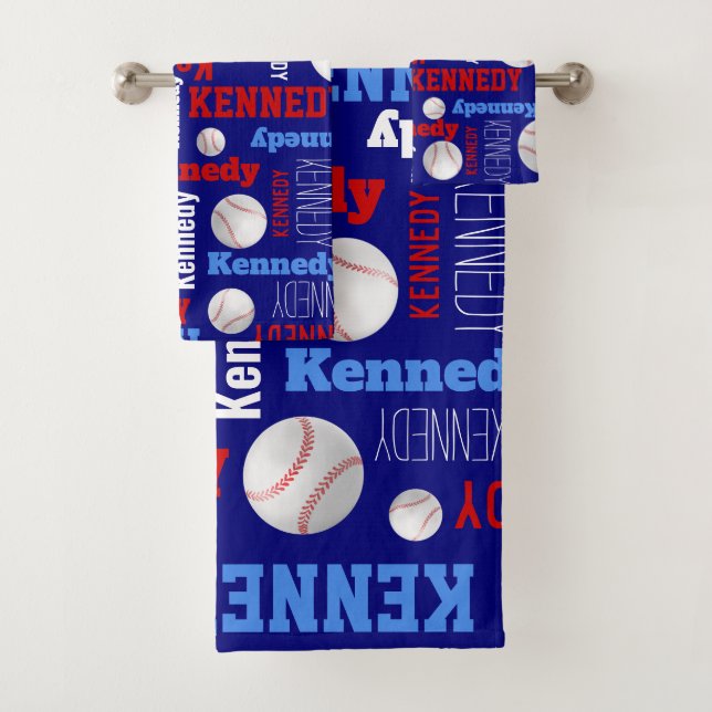 Baseball ball sports blue red white custom name bath towel set (Insitu)