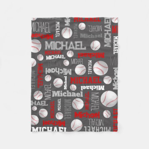 Baseball ball sports gray red white custom name fleece blanket