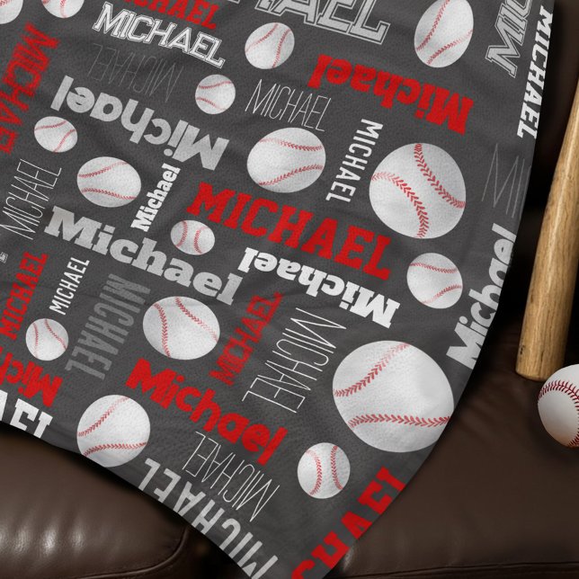 Baseball ball sports gray red white custom name fleece blanket (Creator Uploaded)