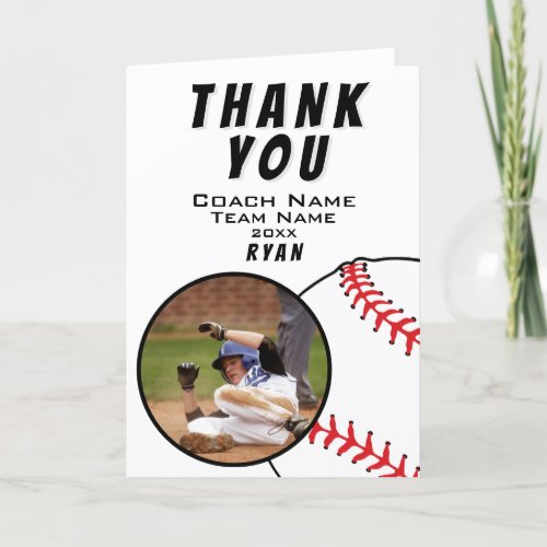 Baseball Ball Thank you Coach Photo Card - Baseball Ball Thank you Coach Photo Card. Baseball thank you coach card with a photo in an oval frame, coach name, team name, year and player`s name. Personalized photo thank you card - add your photo. Great thank you card for the baseball team coach!