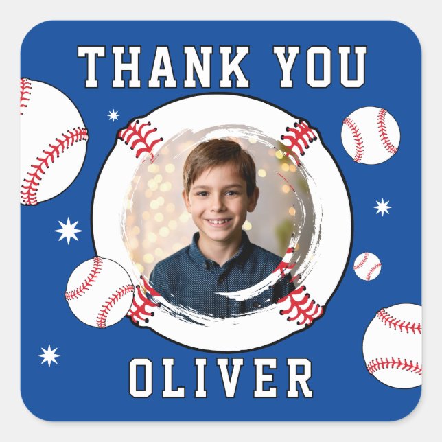 Baseball Ball Themed Birthday Photo Thank you Square Sticker (Front)