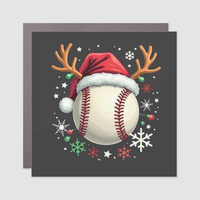 Baseball Ball with Reindeer Horns and Christmas  Car Magnet (Front)