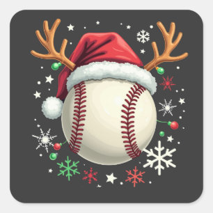 Baseball Ball with Reindeer Horns and Christmas Square Sticker