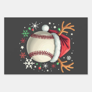 Baseball Ball with Reindeer Horns and Christmas Wrapping Paper Sheets