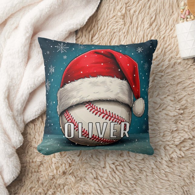 Baseball Ball with Santa Hat Snowflakes Throw Pillow (Blanket)