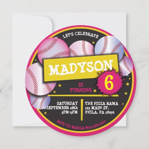 BASEBALL BALLS PINK Birthday Party Invitation