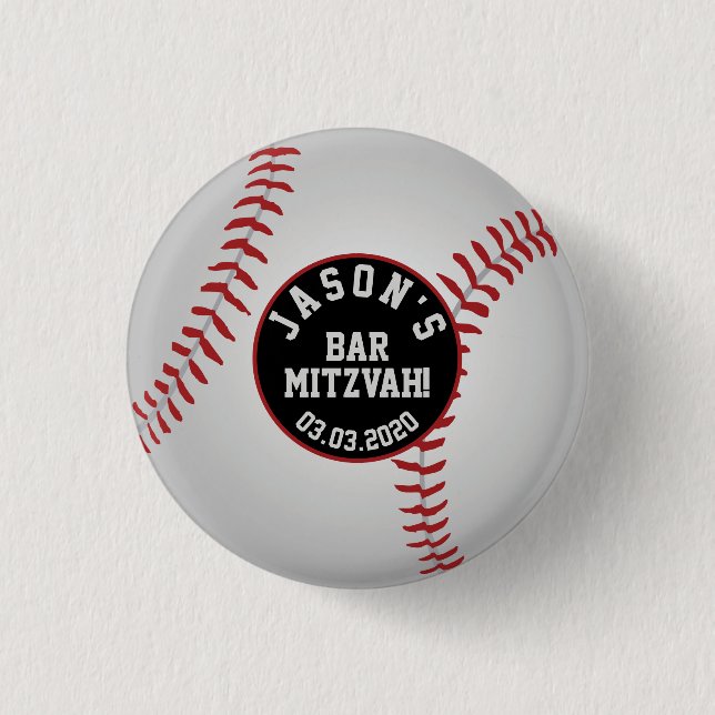 Baseball Bar Mitzvah Favor Button Red Black (Front)
