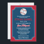 Baseball Bar Mitzvah Invitation<br><div class="desc">If your son is a baseball enthusiast with dreams of the big leagues, then this Bar Mitzvah invitation with with a ticket shape look in red, navy blue, and white with a large white and red baseball with a light blue Star of David may be a perfect way to celebrate...</div>
