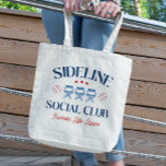 Baseball Baseline Social Club with league name Tote Bag<br><div class="desc">Get ready to show off your baseball mom pride with our delightful bag : an elegant font saying "SIDELINE SOCIAL CLUB" and three camp chair and baseball and stars. We've left a special space just for your team's name, allowing you to personalize this design and truly make it your own...</div>