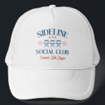 Baseball Baseline Social Club with league name Trucker Hat<br><div class="desc">Get ready to show off your baseball mom pride with our delightful design : an elegant font saying "SIDELINE SOCIAL CLUB" and three camp chair and baseball and stars. We've left a special space just for your team's name, allowing you to personalize this design and truly make it your own...</div>