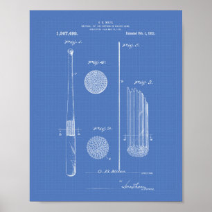 Baseball Bat 1921 Patent Art - Blueprint Poster