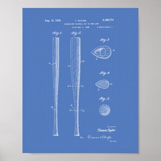 Baseball Bat 1939 Patent Art - Blueprint Poster (Front)